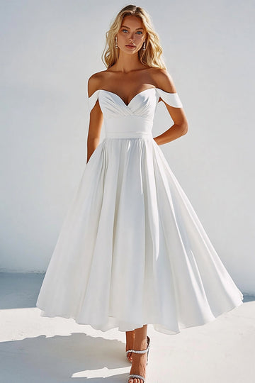 White Satin Off the Shoulder A Line Tea Length Graduation Dress